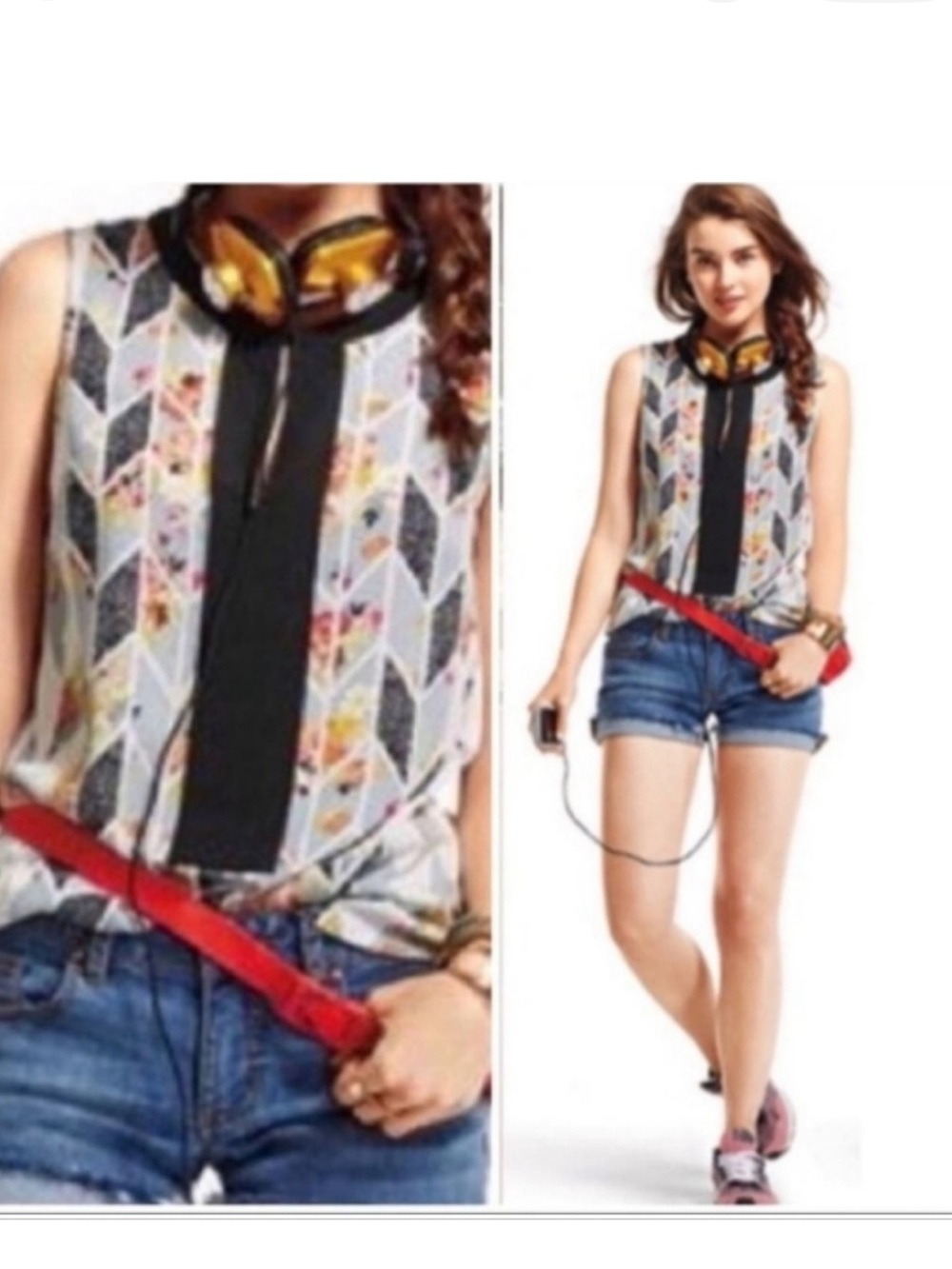 CAbi Sleeveless Geometric Floral Print Camisole in White, Black, Red, Yellow